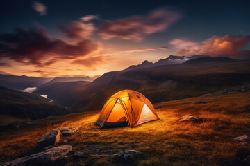Tent for Mountain Adventure Overnight Stay with Splendid Views, Generative AI
