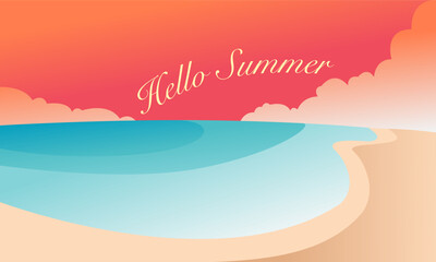 Fototapeta na wymiar hello summer vector illustration with beach and sunset view. summer background design for wallpaper, banner, greeting card, printing, poster, web and desktop. beach background in summer palette colors