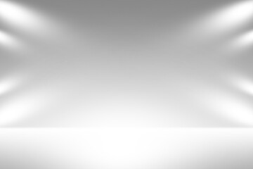 Background with projector light effect for product display. Vector clean white scene floor mock up. Empty scene light background with spotlights.