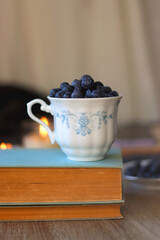 Cup of blueberries, set of books, phone, eyeglasses, lit candles and blanket on the table. Hygge at home. Selective focus.