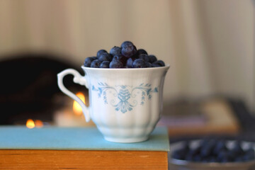 Cup of blueberries, set of books, phone, eyeglasses, lit candles and blanket on the table. Hygge at home. Selective focus.