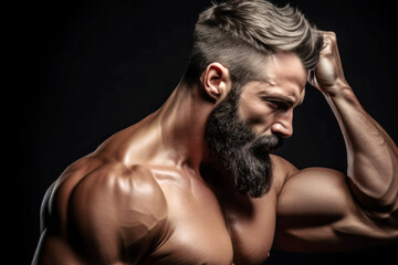 In a studio, a brutal muscular bearded man stands tall. His imposing physique, brought to life by the trim lights, shadows highlighting every sinew. Posing and showing his build. Generative AI