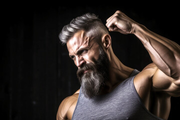 In a studio, a brutal muscular bearded man stands tall. His imposing physique, brought to life by the trim lights, shadows highlighting every sinew. Posing and showing his build. Generative AI