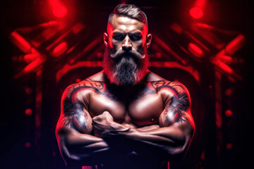 Fototapeta na wymiar In a studio, a brutal muscular bearded man stands tall. His imposing physique, brought to life by the trim lights, shadows highlighting every sinew. Posing and showing his build. Generative AI