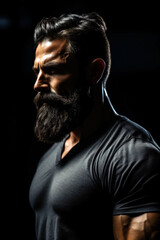 Fototapeta na wymiar In a studio, a brutal muscular bearded man stands tall. His imposing physique, brought to life by the trim lights, shadows highlighting every sinew. Posing and showing his build. Generative AI