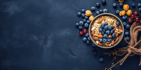 Obraz na płótnie Canvas Healthy breakfast in a blue bowl. Oatmeal with blueberries and nut mix. Healthy food concept. Top view, side view. Space for text. 