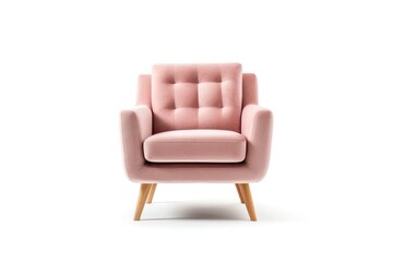 Front View Blush Pink Mid Century Modern Armchair On White Background. Generative AI