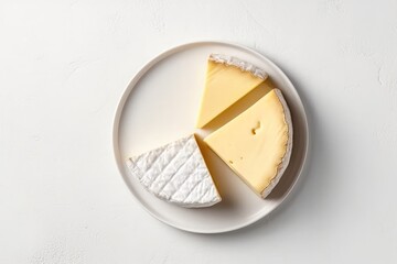 Top View Brie De Meaux On White Round Plate On White Background. Generative AI