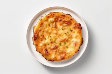 Top View Gratin Dauphinois On White Round Plate On White Background. Generative AI