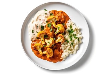 Top View Vegan Cauliflower Tikka Masala On White Round Plate On White Background. Generative AI