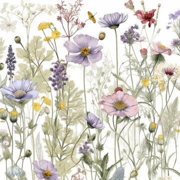 Seamless summer pattern with watercolor wildflowers flowers.  Illustration. Generative AI.
