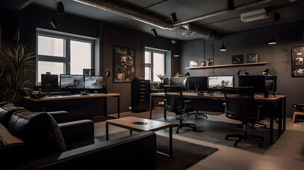 digital agency office, 2 liftable desks in a row, 2 monitors, black leather sofa with small black table, black furniture, grey walls, bamboo, generative AI 