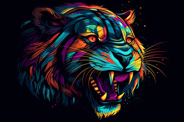 Tiger. Abstract, multicolored, neon portrait of a tiger in the style of pop art on a black background. Generative AI illustration