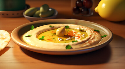 plate of hummus, photo realistic, high quality, 8k resolution, ultra detailed, generative AI 