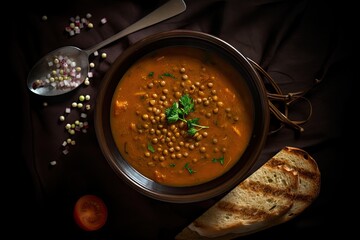 Fototapeta na wymiar Lentils Soup, Lentil Meal in Bowl, Red Tomato Creamy Lentils Soup, Abstract Generative AI Illustration