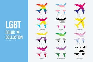 Sexual identity color symbols in airplane shape collection for pride travel concept including LGBT, transgender, lesbian, non-binary, bisexual and more