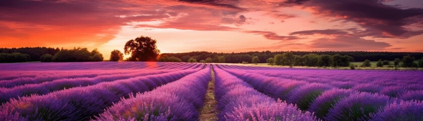 Fototapeta na wymiar Lavender Field With A Blurred Sunset Backdrop Banner Background. Generative AI