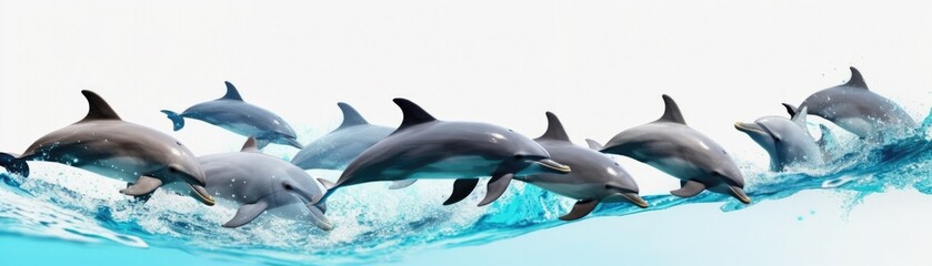 Many Dolphins Sitting A Whitte Banner Background. Generative AI