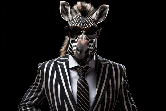 Zebra In Suit And Sunglasses Black Banner Background. Generative AI