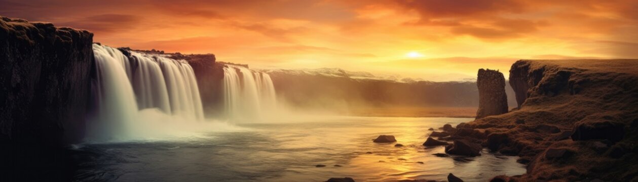 Majestic Waterfall With A Hazy Sunset Backdrop Banner Background. Generative AI