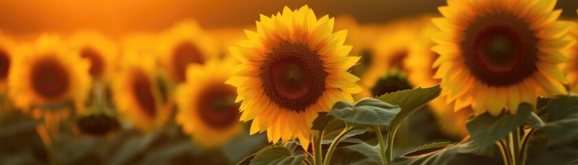 Sunflower Field With A Blurred Golden Hour Ambiance Banner Background. Generative AI - obrazy, fototapety, plakaty