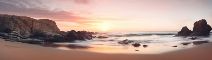 Secluded Beach With A Softfocus Sunset Sky Banner Background. Generative AI