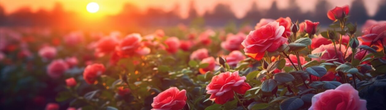Roses Field Blurred Sunrise Banner Background. Generative AI