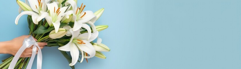 Wide Frame Side Bouquet Of Lilies In Hand With Ribbon Blue Banner Background. Generative AI