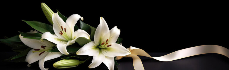 Wide Frame Side Bouquet Of Lilies In Hand With Ribbon Black Banner Background. Generative AI