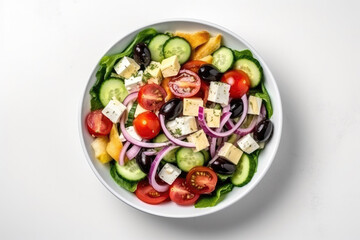 Top View Vegan Greek Salad White Round Plate White Blank. Generative AI