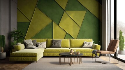Olive Living Room With Full Wall Flat Geometric Lime. Generative AI - obrazy, fototapety, plakaty