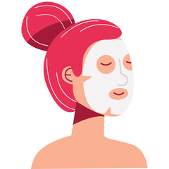 Woman with the pink hair and sheet mask. Daily activity routine. Skincare procedure, dermatology treatment, cosmetology product, clear face, skin beauty.