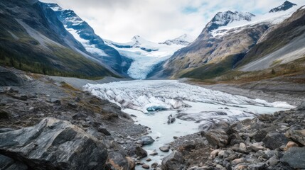 Fototapeta na wymiar Remote Glacier Carving Its Way Through A Rugged Landscape. Generative AI