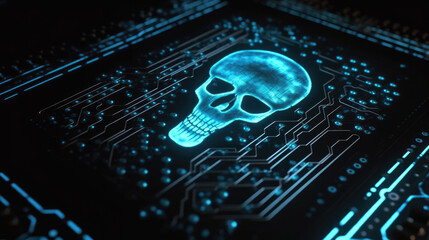 Fototapeta na wymiar Futuristic of holographic skull and bone on microprocessor electronic circuit board