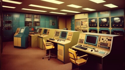 Vintage Computer Room With Mainframe Machines And Punch Card Readers. Generative AI
