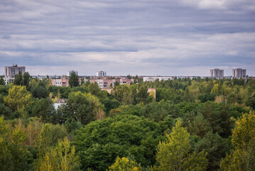 View on Pripyat abandoned city in Chernobyl Exclusion Zone, Ukraine