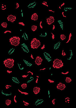 Seamless pattern with roses and leaves on a black background.