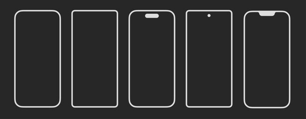Different smartphones mockups minimal trendy black apple and android phone screens mockup. IPhone 14 Pro/Pro Max, Iphone 13 Pro/Pro Max, Google Pixel 6, 7, 8 or Samsung Galaxy S22, S23 (Full Vector)