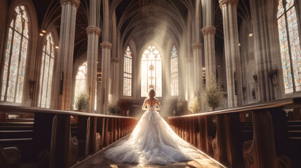 In a grand church, a glowing bride enters. Her wedding dress glistens, reflecting the ornate surroundings. Generative AI