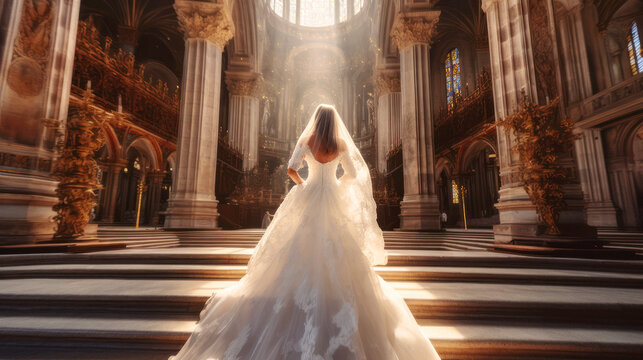 In a grand church, a glowing bride enters. Her wedding dress glistens, reflecting the ornate surroundings. Generative AI