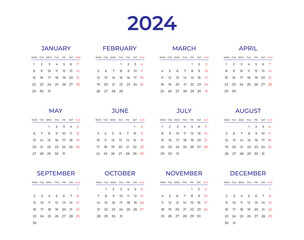Calendar 2024 template. Week starts from Monday. Planner, stationery, printing. Vector illustration