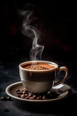 A cup of espresso with steam and coffee beans on a black background. Copy space. AI generated