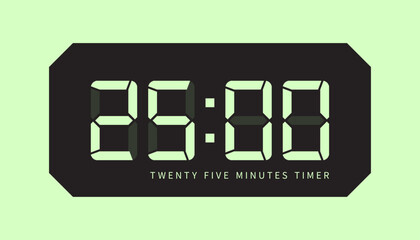 25 Minute Timer Digital Clock Icon, Retro LED Style. Clock, Stop Watch Button, Showing Twenty Five Minutes State. Countdown, Cooking, Amount Indication. Isolated Vector.
