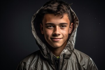 Studio portrait photography of a grinning boy in his 30s wearing a lightweight windbreaker against a dramatic thunderstorm background. With generative AI technology