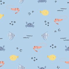 Vector seamless pattern with shrimp, crab, fugu fish, scalaria fish.Underwater cartoon creatures.Marine background.Cute ocean pattern for fabric, childrens clothing,textiles,wrapping paper