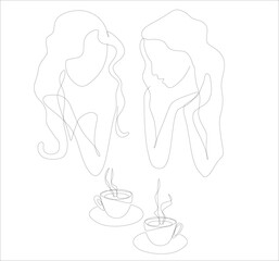 Two girls talking with cup of tea coffee, lineart vector illustration