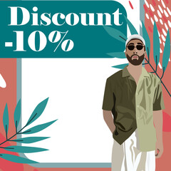 Vector illustration of an attractive man in stylish clothes with an inscription discount close-up. Shop social media banner with women's or men's clothing