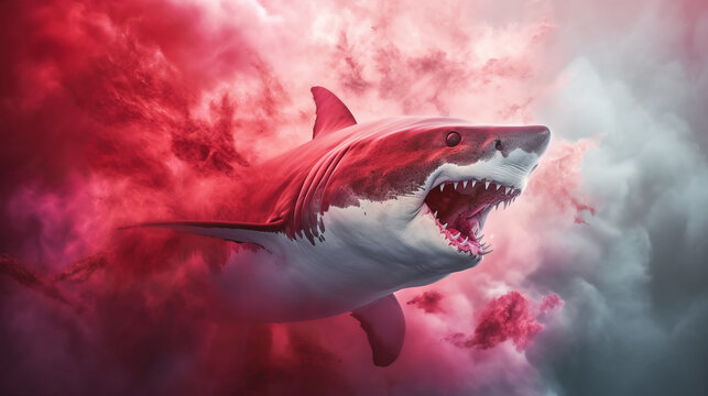 scary shark in water red with blood. Generative AI
