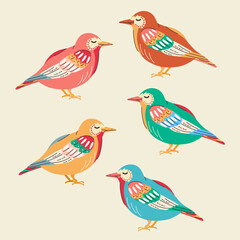 Bright and trendy design. Set of birds in modern style. Doodle. hand drawn. Feathered. Nest. Vector stock illustration. Isolated