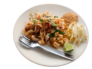 Pad Thai with spoon and fork in a white plate can see the ingredients